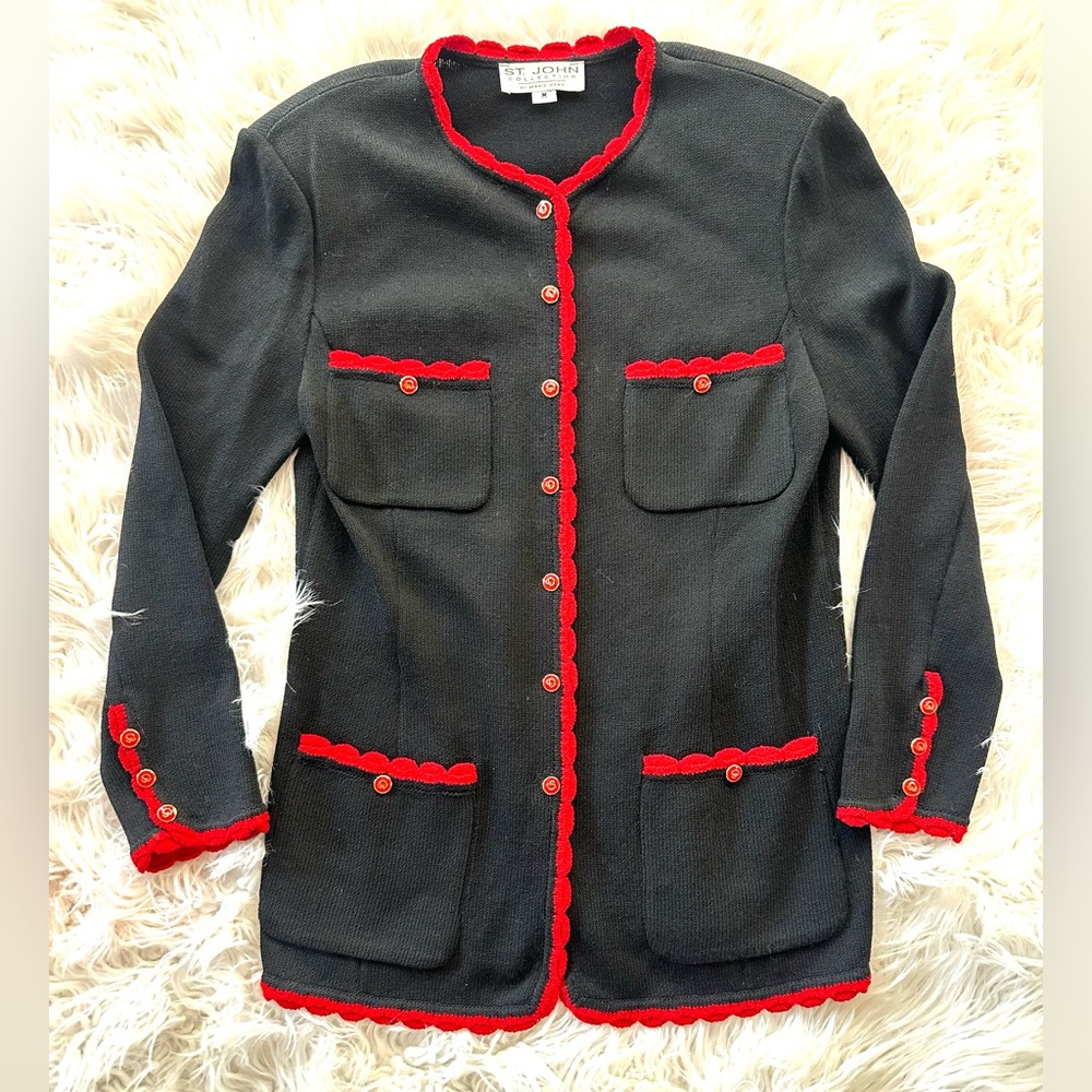 ST John Scalloped Trim Knitted Jacket Womens SZ MD  Black Red Holiday